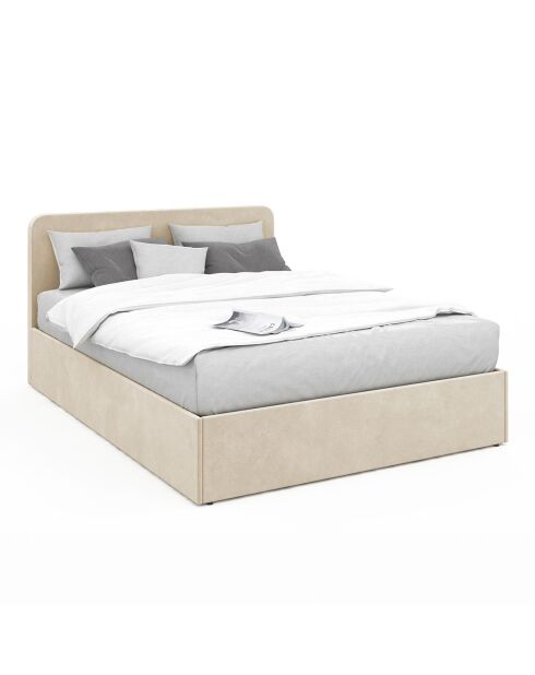 Lit coffre Louise en velours avec sommier et tête de lit arrondie beige - 160x200 cm