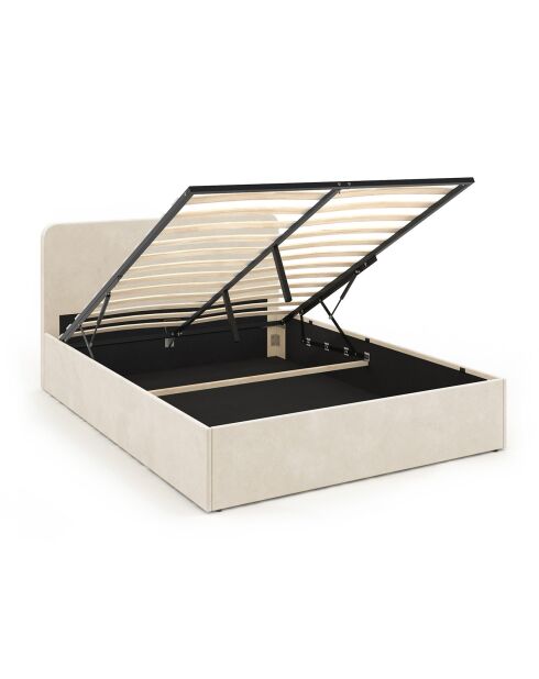 Lit coffre Louise en velours avec sommier et tête de lit arrondie beige - 160x200 cm