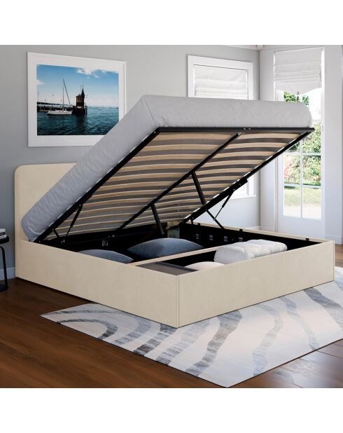 Lit coffre Louise en velours avec sommier et tête de lit arrondie beige - 160x200 cm