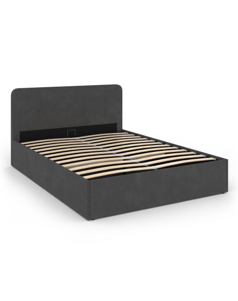 Lit coffre Louise en velours avec sommier et tête de lit arrondie gris - 140x190 cm