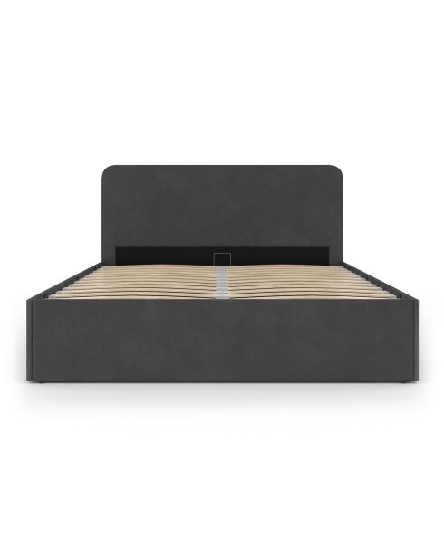 Lit coffre Louise en velours avec sommier et tête de lit arrondie gris - 140x190 cm