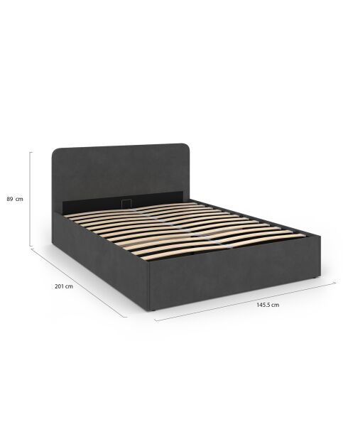 Lit coffre Louise en velours avec sommier et tête de lit arrondie gris - 140x190 cm