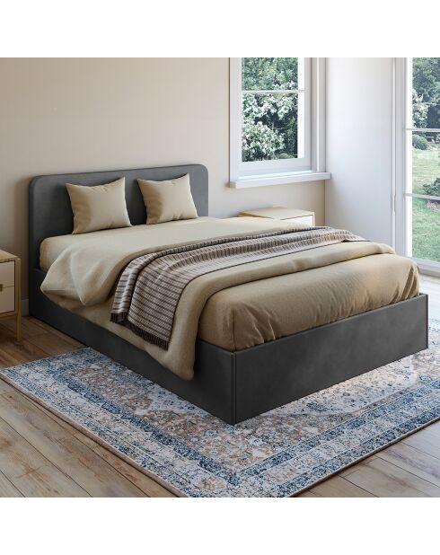 Cama tipo baúl Louise de terciopelo con somier y cabecero gris redondeado, 140 x 190 cm
