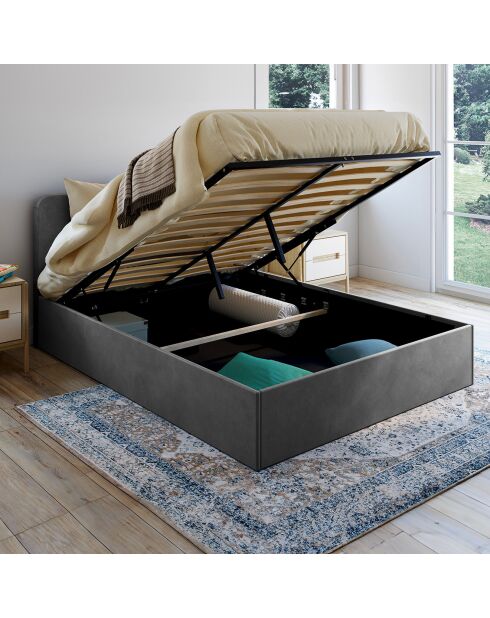 Cama tipo baúl Louise de terciopelo con somier y cabecero gris redondeado, 140 x 190 cm