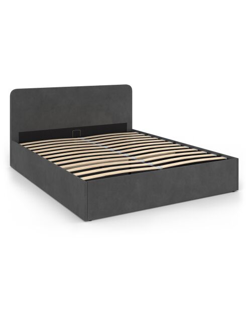 Lit coffre Louise en velours avec sommier et tête de lit arrondie gris - 160x200 cm