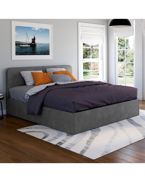 Couchbett Louise aus Samt mit Boxspringbett und abgerundetem grauem Kopfteil — 160x200 cm