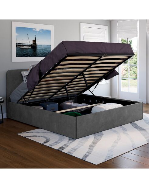 Lit coffre Louise en velours avec sommier et tête de lit arrondie gris - 160x200 cm
