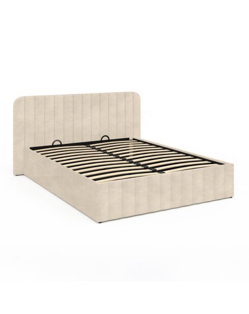 Lit coffre Valentina en velours avec sommier et tête de lit beige - 140x190 cm