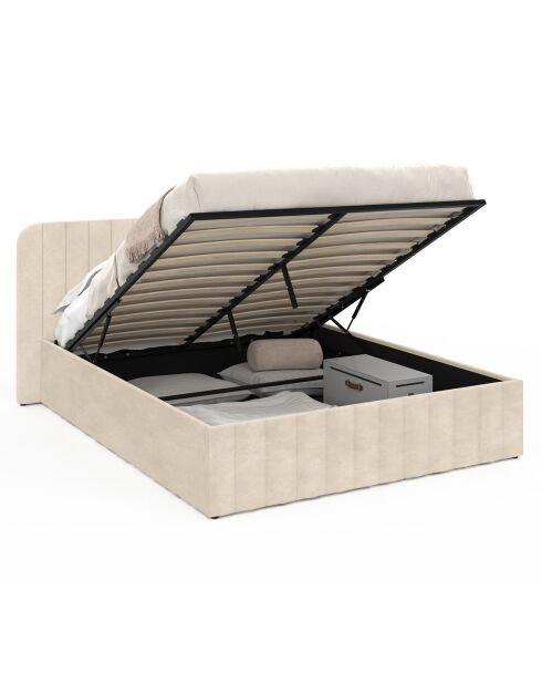 Lit coffre Valentina en velours avec sommier et tête de lit beige - 140x190 cm