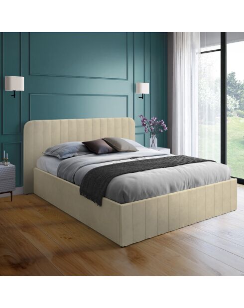 Lit coffre Valentina en velours avec sommier et tête de lit beige - 140x190 cm
