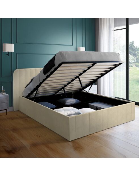 Lit coffre Valentina en velours avec sommier et tête de lit beige - 140x190 cm