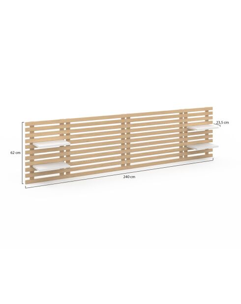 Tête de lit sur pieds Ava en tasseaux bois clair/etagères blanches - 160 cm