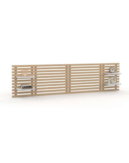 Tête de lit sur pieds Ava en tasseaux bois clair/etagères blanches - 160 cm