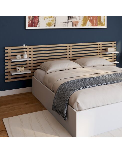 Tête de lit sur pieds Ava en tasseaux bois clair/etagères blanches - 160 cm