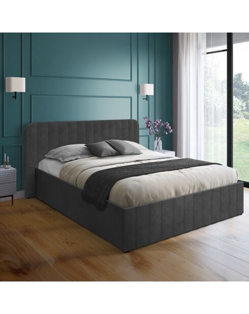 Lit coffre Valentina en velours avec sommier et tête de lit gris - 140x190 cm