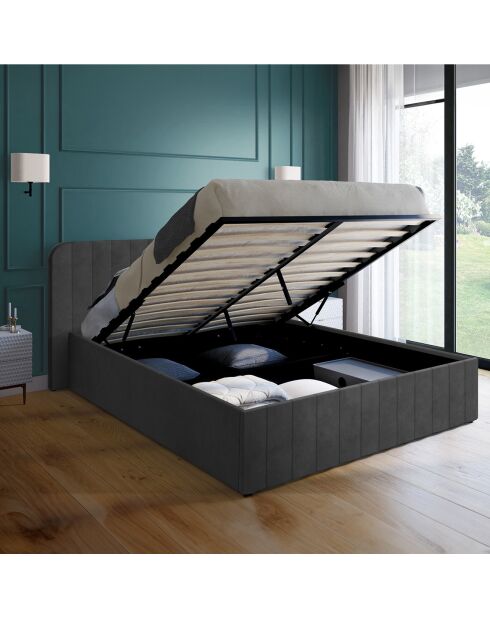 Lit coffre Valentina en velours avec sommier et tête de lit gris - 140x190 cm