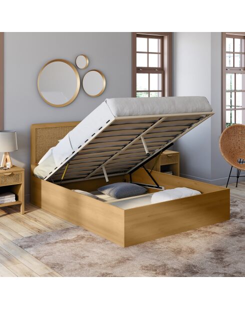 Lit coffre Eve avec sommier et tête de lit en cannage bois - 140x190 cm