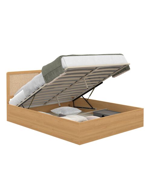 Lit coffre Eve avec sommier et tête de lit en cannage bois - 140x190 cm