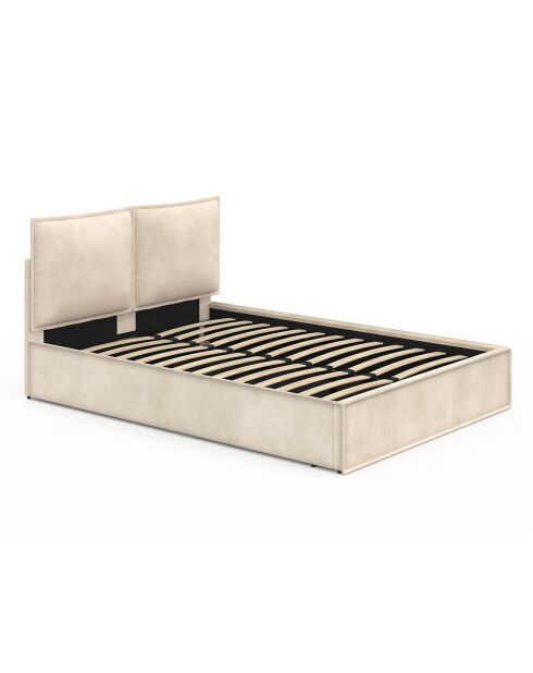 Lit coffre Lilou en velours avec sommier et tête de lit effet oreiller beige - 140x190 cm