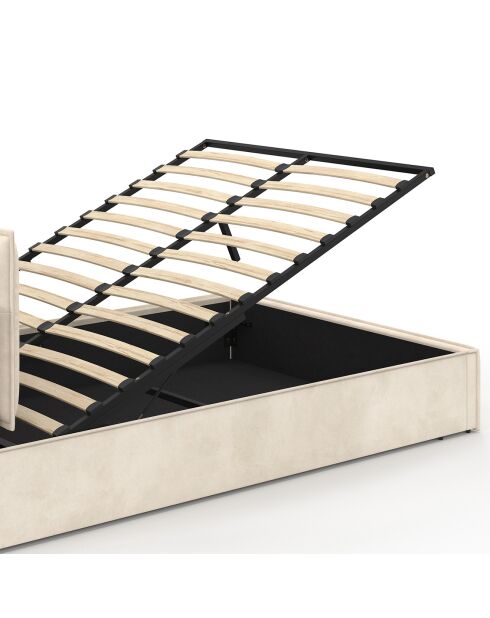 Lit coffre Lilou en velours avec sommier et tête de lit effet oreiller beige - 140x190 cm