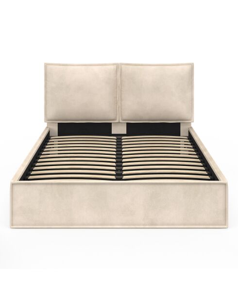 Lit coffre Lilou en velours avec sommier et tête de lit effet oreiller beige - 140x190 cm