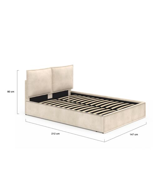 Lit coffre Lilou en velours avec sommier et tête de lit effet oreiller beige - 140x190 cm