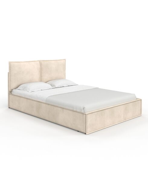 Lit coffre Lilou en velours avec sommier et tête de lit effet oreiller beige - 140x190 cm