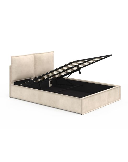 Lit coffre Lilou en velours avec sommier et tête de lit effet oreiller beige - 140x190 cm