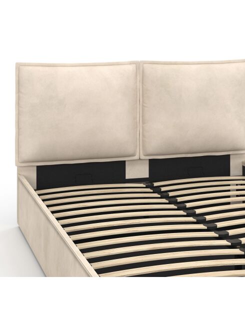 Lit coffre Lilou en velours avec sommier et tête de lit effet oreiller beige - 140x190 cm