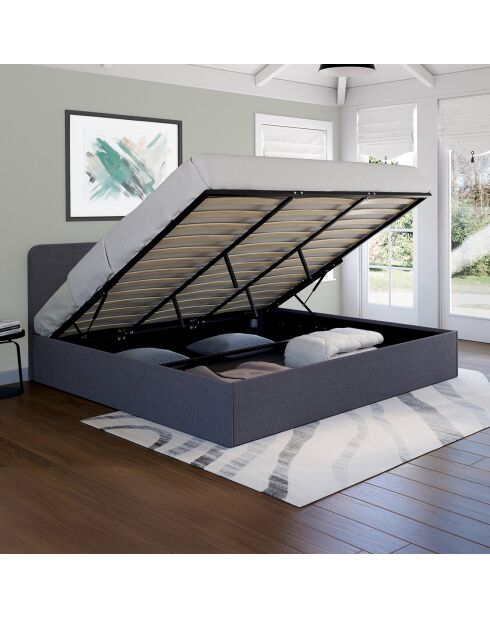 Lit coffre Louise en tissu avec sommier et tête de lit arrondie gris - 180x200 cm