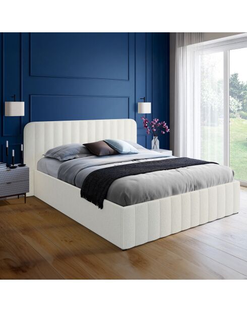 Lit coffre Valentina en tissu bouclette avec sommier et tête de lit blanc - 140x190 cm