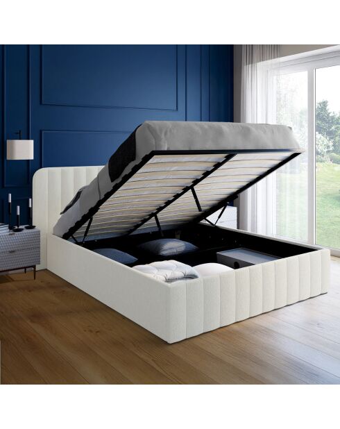 Lit coffre Valentina en tissu bouclette avec sommier et tête de lit blanc - 140x190 cm