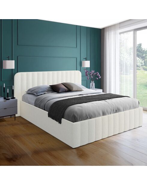 Lit coffre Valentina en tissu bouclette avec sommier et tête de lit blanc - 160x200 cm