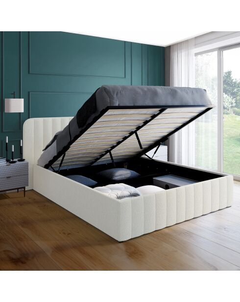 Lit coffre Valentina en tissu bouclette avec sommier et tête de lit blanc - 160x200 cm