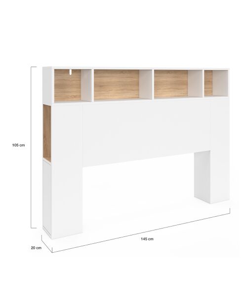 Tête de lit Léo avec rangements blanc/bois - 140 cm