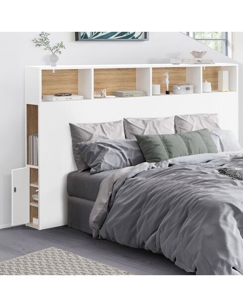 Tête de lit Léo avec rangements blanc/bois - 160 cm