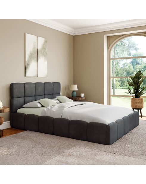 Lit coffre Bubble en velours avec sommier et tête de lit gris - 140x190 cm