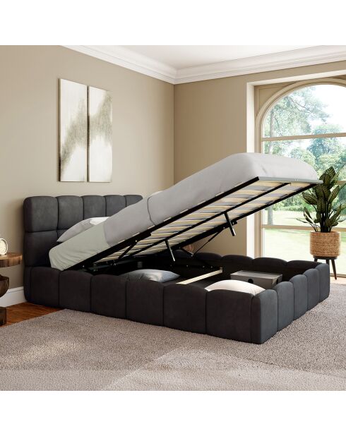 Lit coffre Bubble en velours avec sommier et tête de lit gris - 140x190 cm