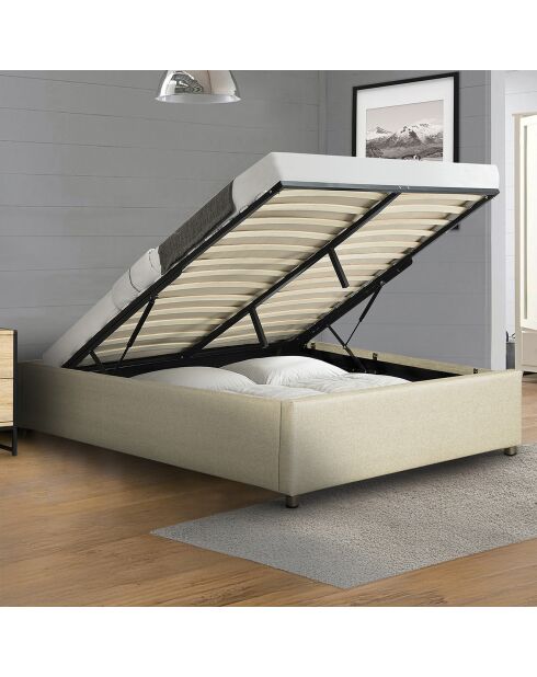 Cama tipo baúl Otto de tela con somier beige - 140x190 cm