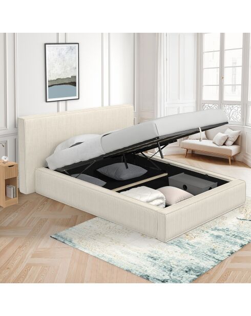 Lit coffre Joyce en velours côtelé avec sommier et tête de lit beige - 160x200 cm