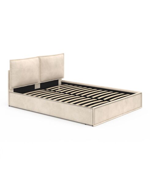 Lit coffre Lilou en velours avec sommier et tête de lit effet oreiller beige - 160x200 cm