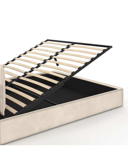 Lit coffre Lilou en velours avec sommier et tête de lit effet oreiller beige - 160x200 cm