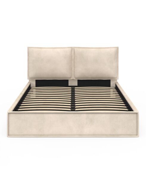 Lit coffre Lilou en velours avec sommier et tête de lit effet oreiller beige - 160x200 cm
