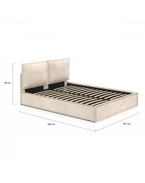 Lit coffre Lilou en velours avec sommier et tête de lit effet oreiller beige - 160x200 cm
