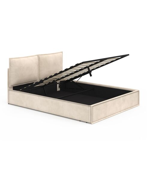 Lit coffre Lilou en velours avec sommier et tête de lit effet oreiller beige - 160x200 cm