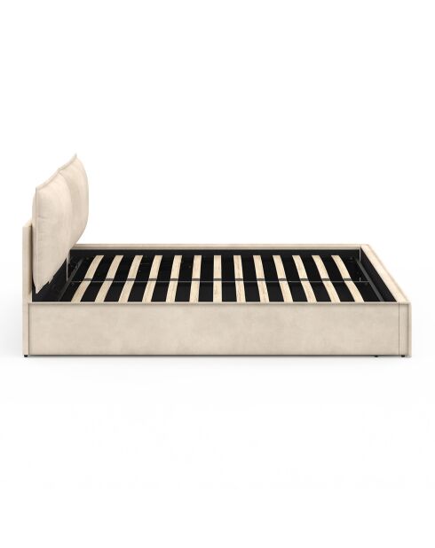 Lit coffre Lilou en velours avec sommier et tête de lit effet oreiller beige - 160x200 cm