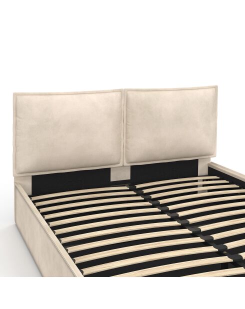 Lit coffre Lilou en velours avec sommier et tête de lit effet oreiller beige - 160x200 cm