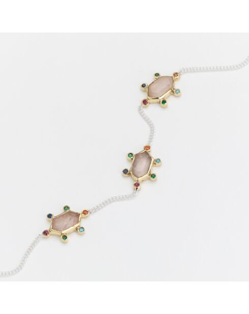 Brazalete de plata y latón con cuarzo rosa y óxido de circonio
