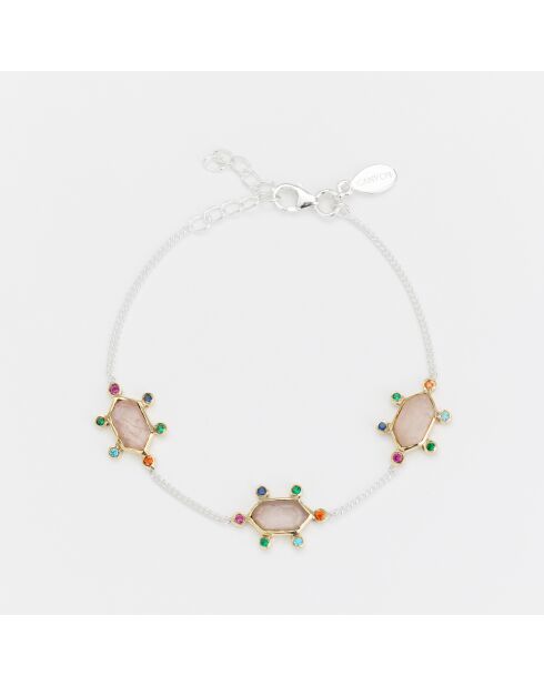 Brazalete de plata y latón con cuarzo rosa y óxido de circonio
