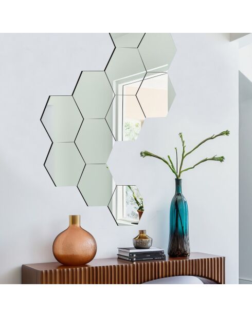 12 miroirs adhésifs Hexagon transparent - 14x7 cm